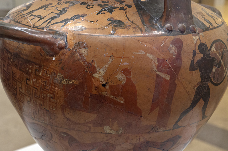 Zeus pesa los destinos de Aquiles y Memnón en presencia de Eos y Tetis. “Hidria Ricci”, de figuras negras de Caere, ca. 520 a. C: Roma. Museo de Villa Giulia.